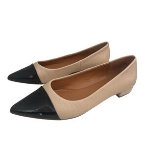 J. Crew Factory Marina Leather Pointy Cap-Toe Flats Beige/Black Preppy Office 6